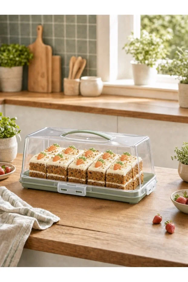 Baton Kek & Pasta Saklama Kabı – Şeffaf Kapaklı, Hava Geçirmez Kilitli, Taşıma Kulplu 33x12x15 cm